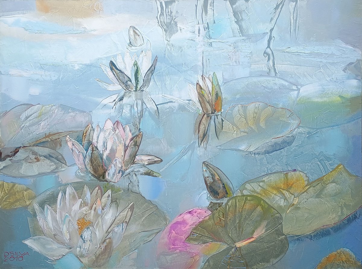 Impressionistic Botanical Oil Painting By Silvija Drebickaite, 31 X 24", White Water Lilies, Original Artwork