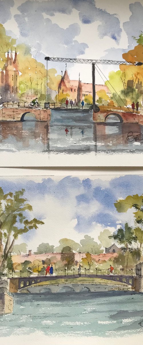 Two Bridge paintings of Amsterdam by Brian Tucker