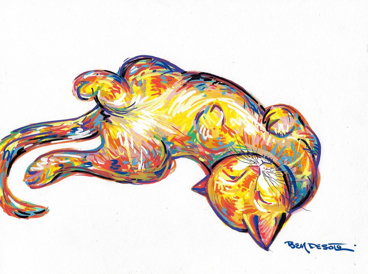 Animal Acrylic Painting By Ben De Soto, 12 X 9, Cat Rolly Pollie, Original Artwork