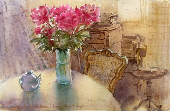 Still life with a bouquet of peonies.