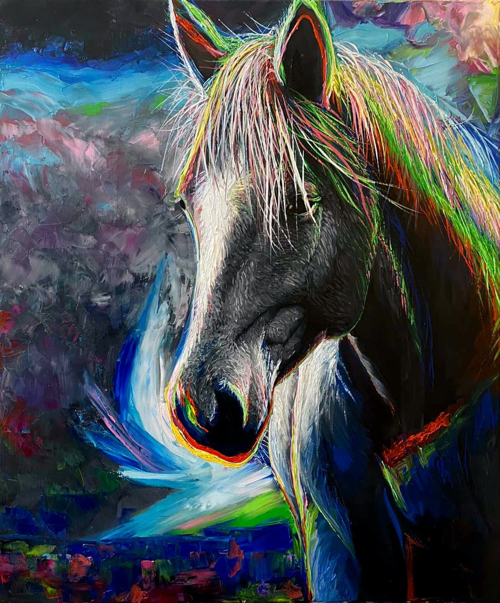 Expressive Animal Oil Painting By Elena Adele Dmitrenko, 20 X 24, Modern Horse, Original Artwork