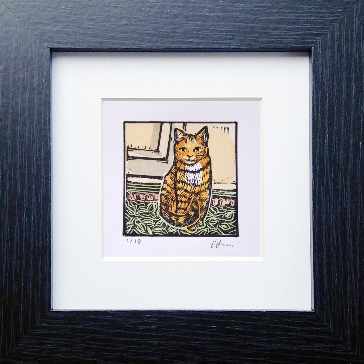 Marmalade cat - Framed and ready to hang - miniature hand painted linocut variable editio... by Carolynne Coulson
