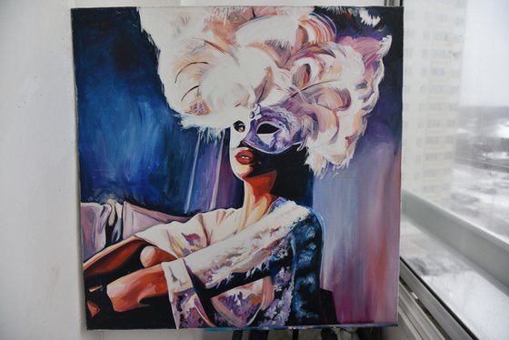 CELEBRATION  -  original oil painting, very peri woman, carnival, feathers, large artwork