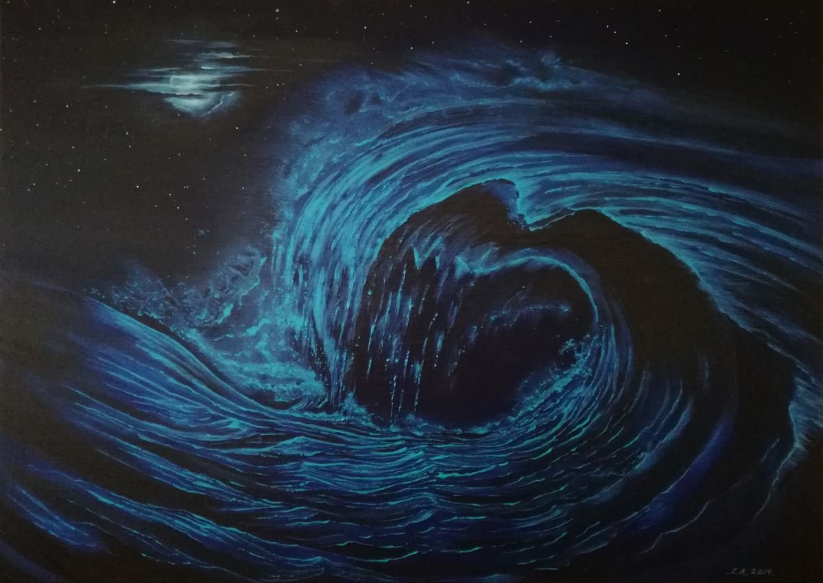 Landscape Acrylic Painting By Zoe Adams, 27 X 20", Moon Wave., Original Artwork