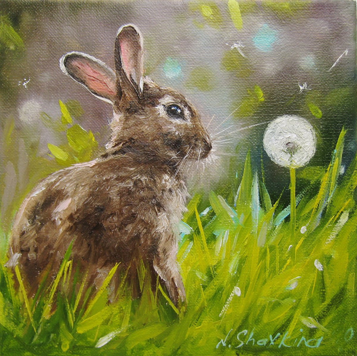 Photorealistic Animal Oil Painting By Natalia Shaykina, 8 X 8", Rabbit And Dandelion, Original Artwork
