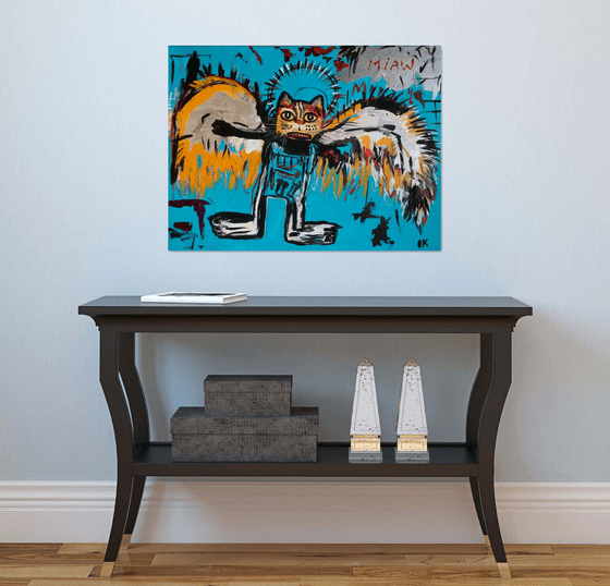 81x61cm Cat La Fallen Angel version of famous painting by Jean-Michel Basquiat