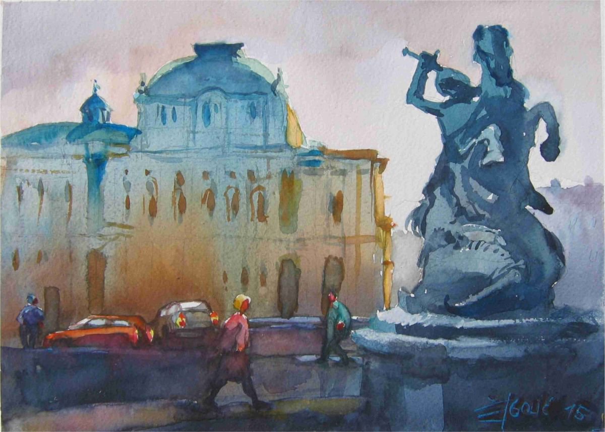 Zagreb,Croatia,Croatian National Theatre by Goran Zigolic Watercolors