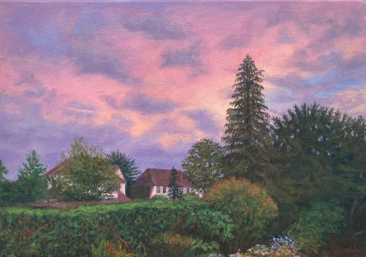 Impressionistic Landscape Oil Painting By Diana Sandetskaya, 15 X 11, Sunset, View Onto Parkside, Original Artwork