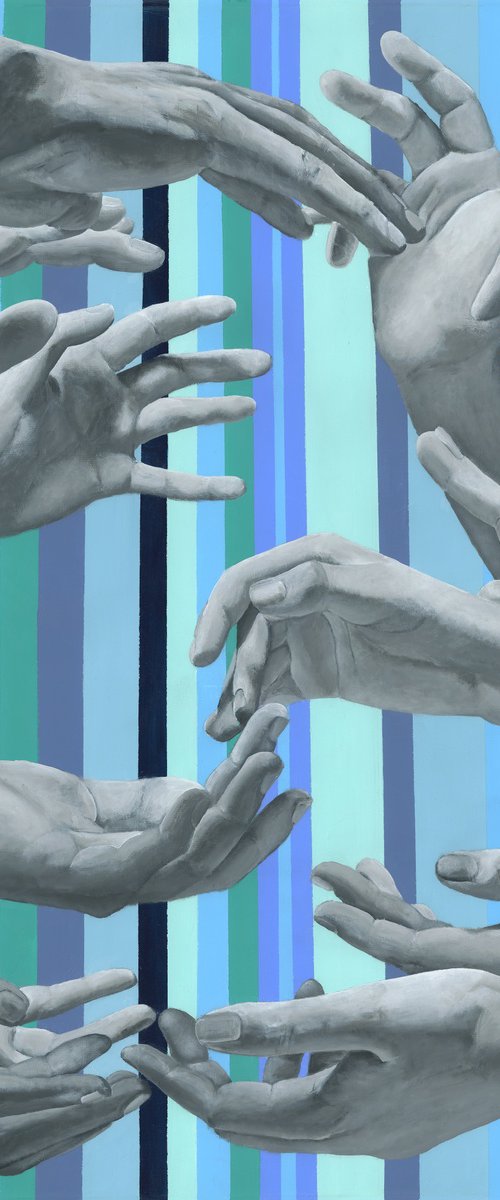 I hear all the voices | Large square painting with monochrome hands on a blue background by Margarita Stepanova