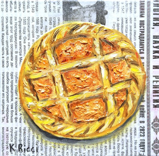 "Apricot Jam Tartlet on Newspaper" Original Oil on Canvas Board Painting 6 by 6 inches (15x15 cm)