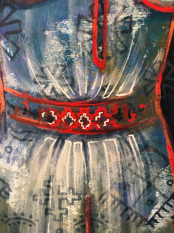 “New Time” big blue and red  painting with Ukrainian ornaments