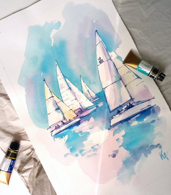 Summer bright landscape "White sailboats on a sunny day" original watercolor painting