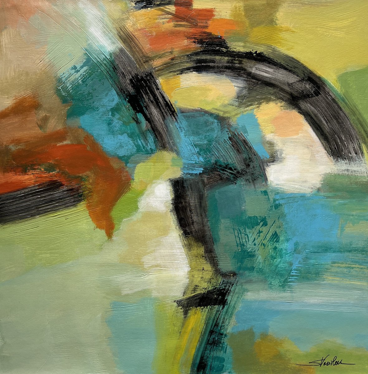 Abstract Acrylic Painting By Silvia Vassileva, 30 X 30", Rainbow On The Asphalt, Original Artwork