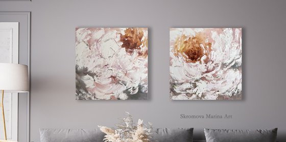 Two abstract white flowers painting