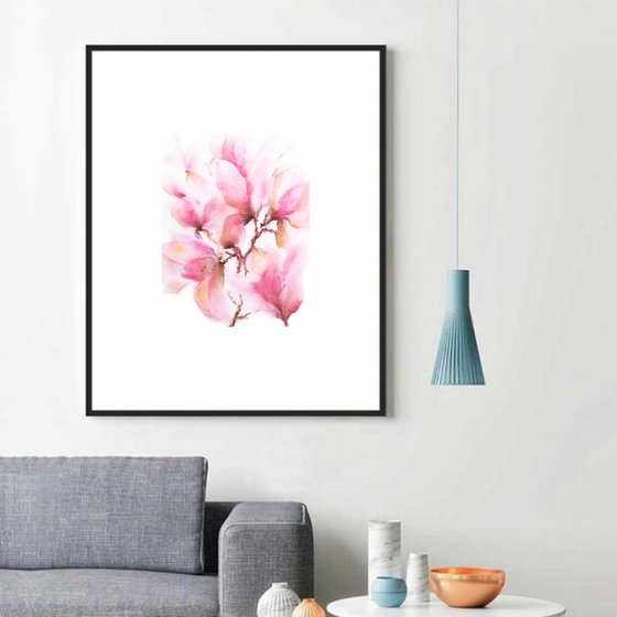 Watercolor floral painting Spring magnolias
