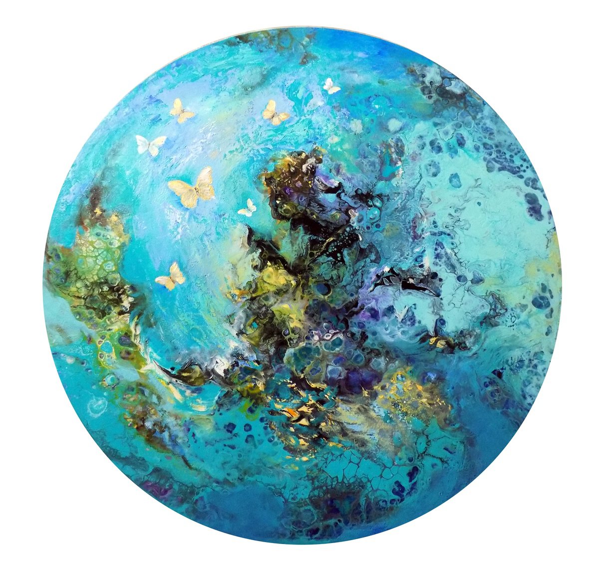 Abstract Acrylic Painting By Areti Ampi, 28 X 28, Butterflies In The Blue Sky, Original Artwork