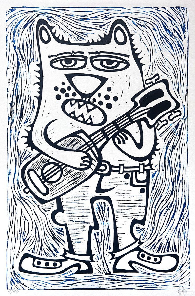 Animal Linocut By Nikita Ostapenco, 11 X 15", ?at With Guitar, Original Artwork