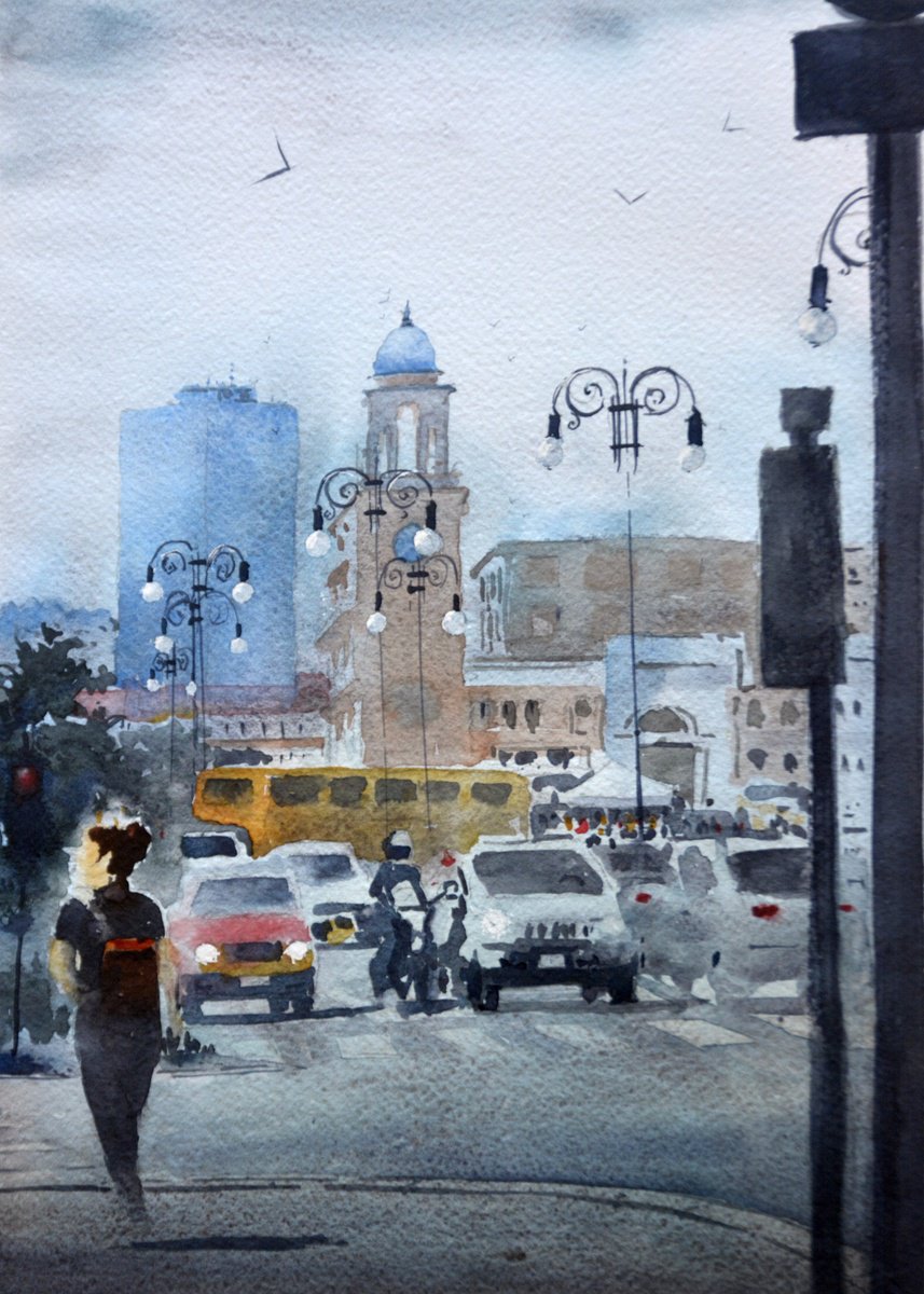 Impressionistic Cityscapes Watercolour By Nenad Kojic, 10 X 14", Crowded Street Trieste Italy, Original Artwork