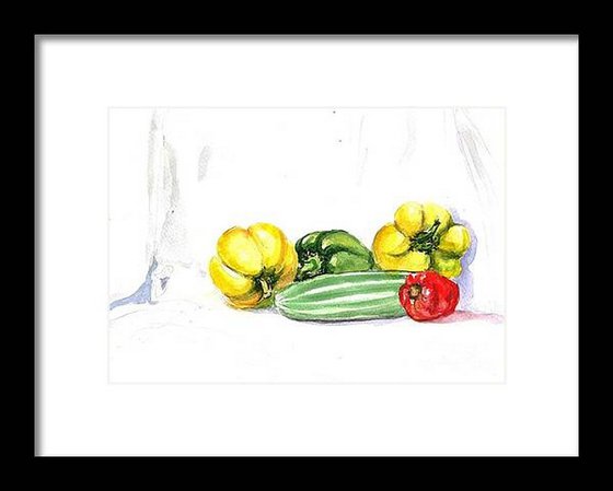 Still life with bell peppers and cucumber