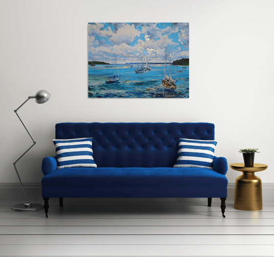 Morning on the bay (mixed-media, acrylic and gold leaf) (36x48x1.5")