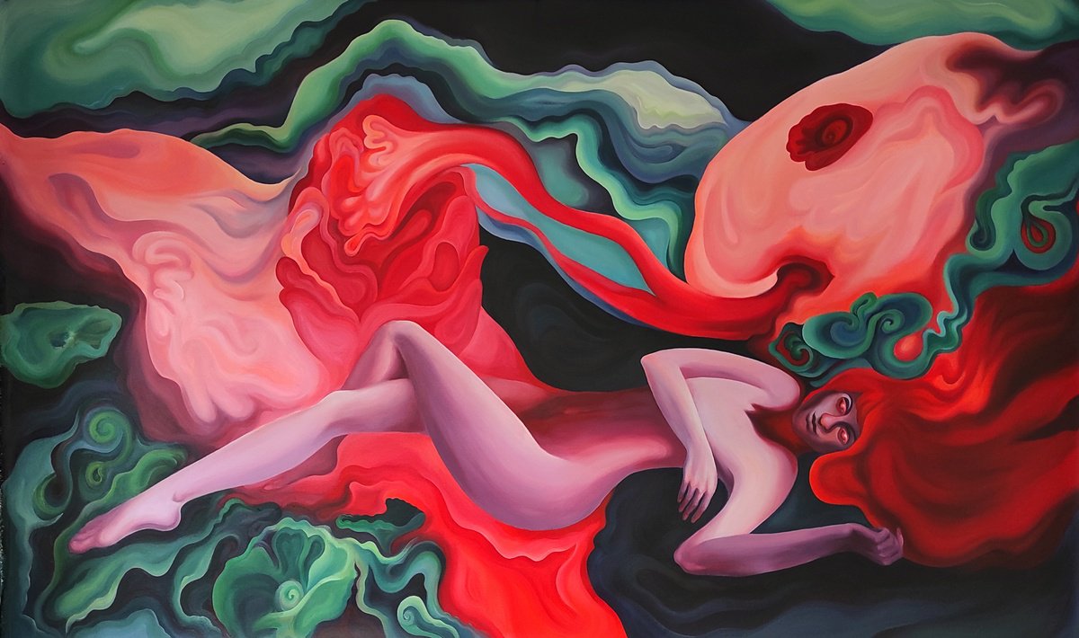 Expressive Portrait Acrylic Painting By Tetiana Borys, 61 X 35", Memory In A Girl