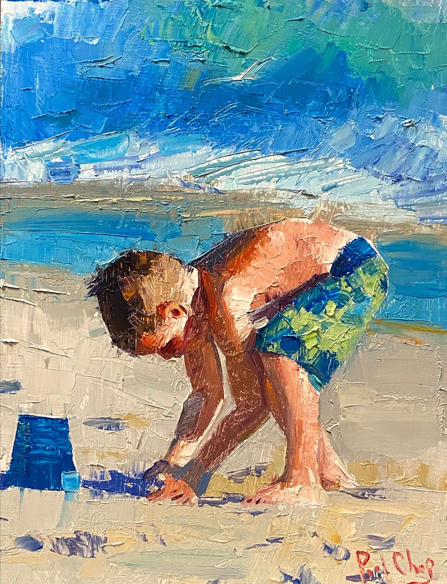 Boy Playing Sand In Beach By Paul Cheng, 9 X 12, Artwork For Sale On Artfinder