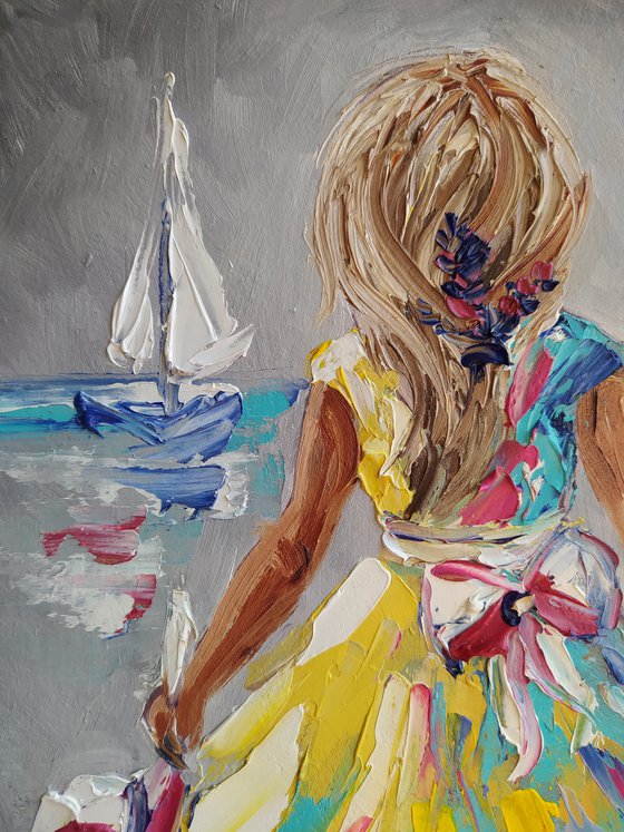 Long-awaited meeting - oil painting, child, sail, boat, sea, sea and beach, childhood, sea and sky, girl, seascape, children