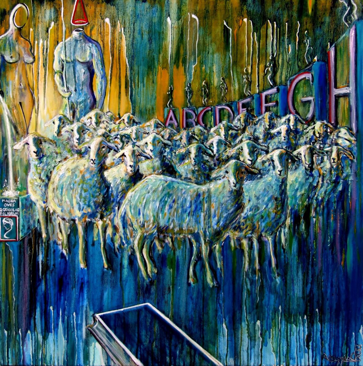 Surrealistic Animal Oil Painting By Antonio Maggio Carluccio, 31 X 31, Magna Oves Agricolae Filiorum, Original Artwork