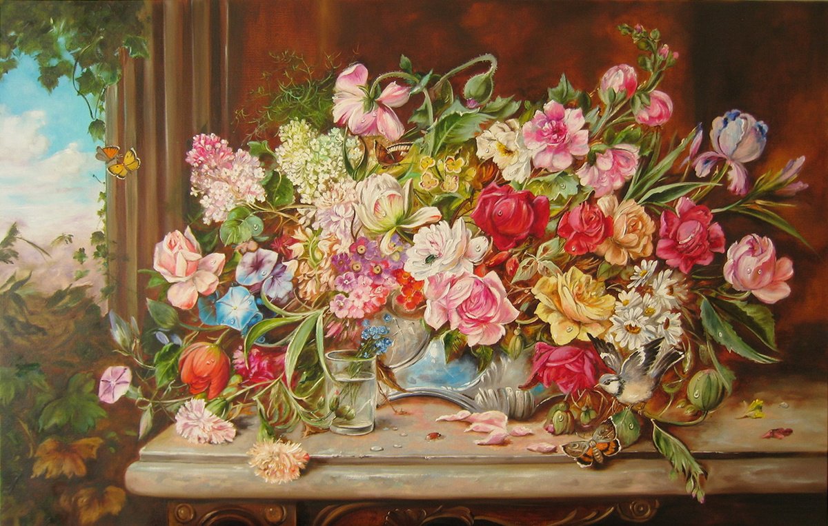 Impressionistic Still Life Oil Painting By Natalia Shaykina, 37 X 24", Floral Symphony In Bloom, Original Artwork