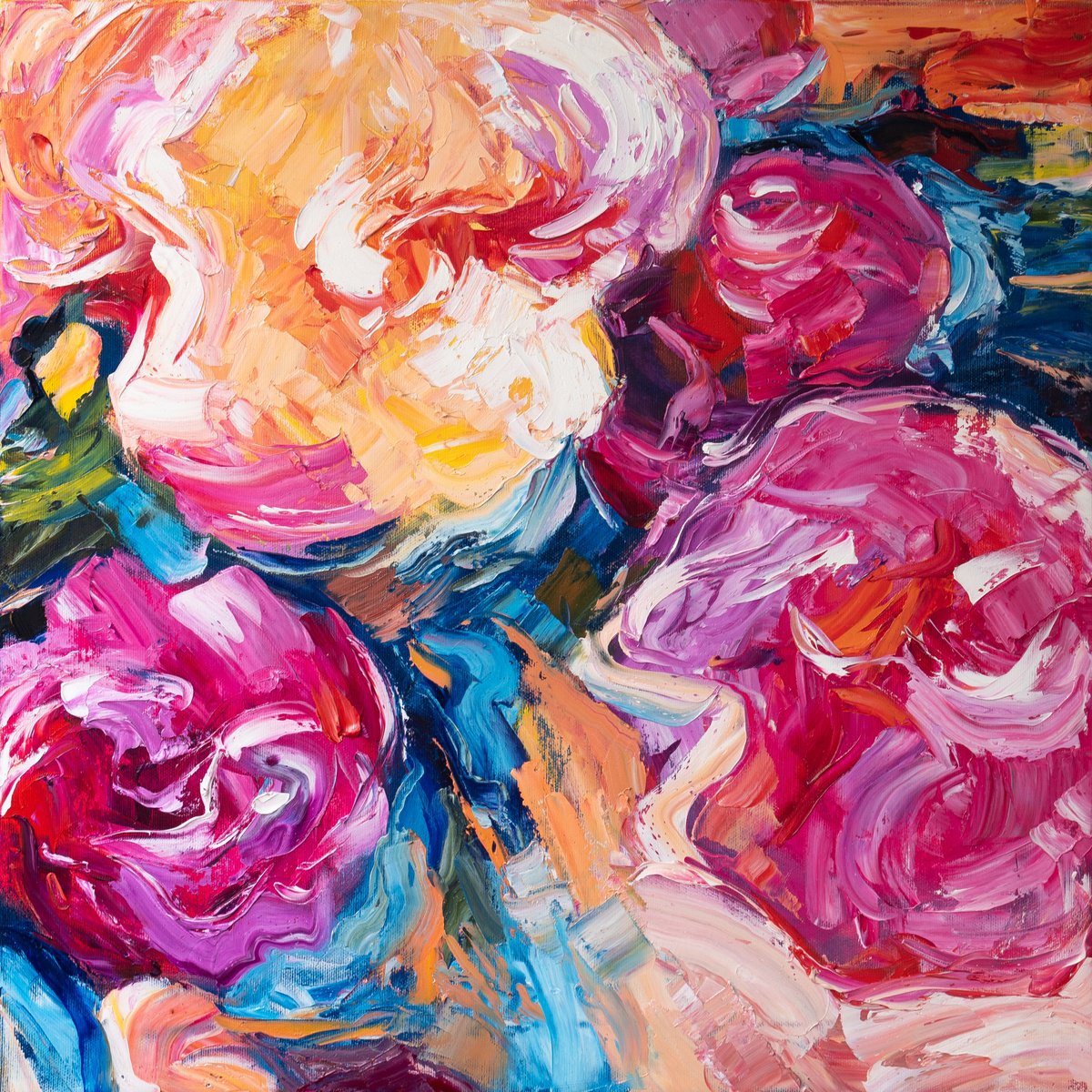 Expressive Botanical Oil Painting By Vasyl Moldavchuk, 20 X 20", Abstract Flowers 2, Original Artwork