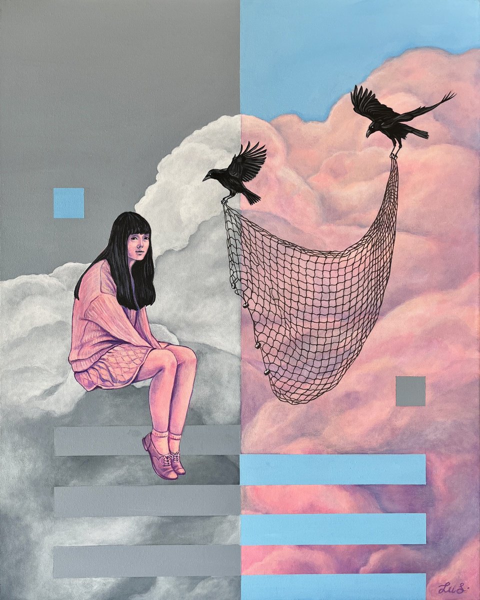 Surrealistic Portrait Acrylic Painting By Lu Sakhno, 24 X 30", The Two Crows, Original Artwork