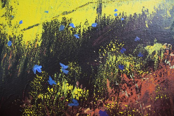 Among Blue Poppies Storm Coming (Surreal Landscape Oil Painting)