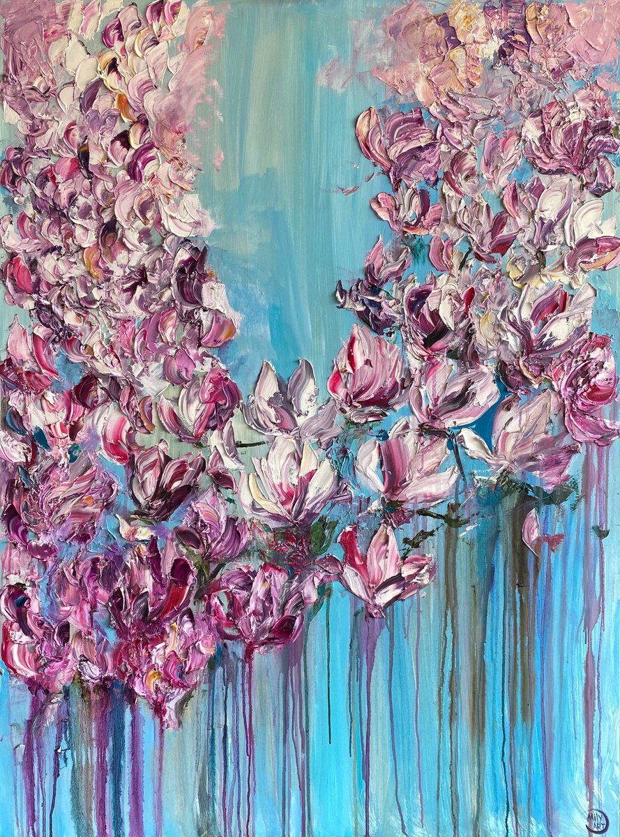 Impressionistic Botanical Oil Painting By Mily Art, 35 X 47", Magnolia Flow, Original Artwork