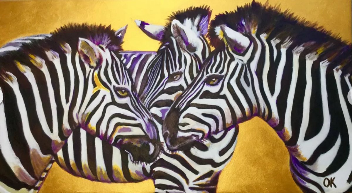 Expressive Animal Painting By Olga Koval, 31 X 18", Zebras On Golden Background., Original Artwork