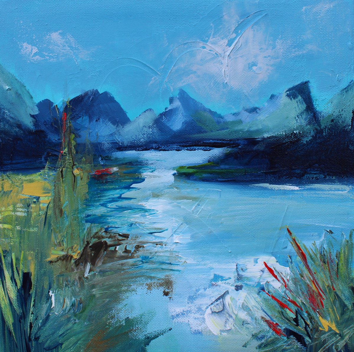 Expressive Landscape Acrylic Painting By Niyati Jiwani, 12 X 12", Waves Of Serenity, Original Artwork