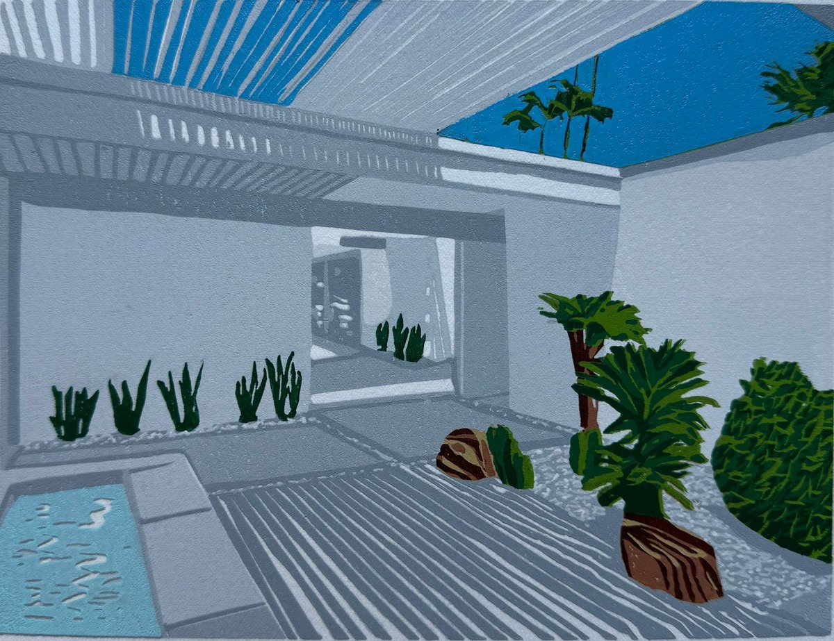 Illustrative Cityscapes Linocut By Kirstie Dedman, 10 X 8", Palm Springs Series Print 2, Original Artwork