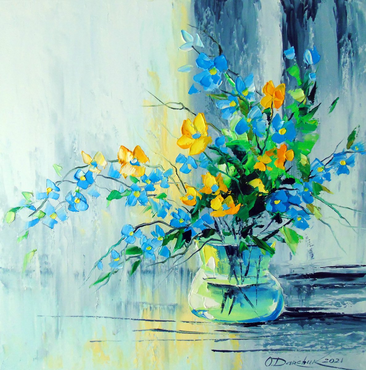 A bouquet of yellow-blue flowers in a vase by Olha Darchuk