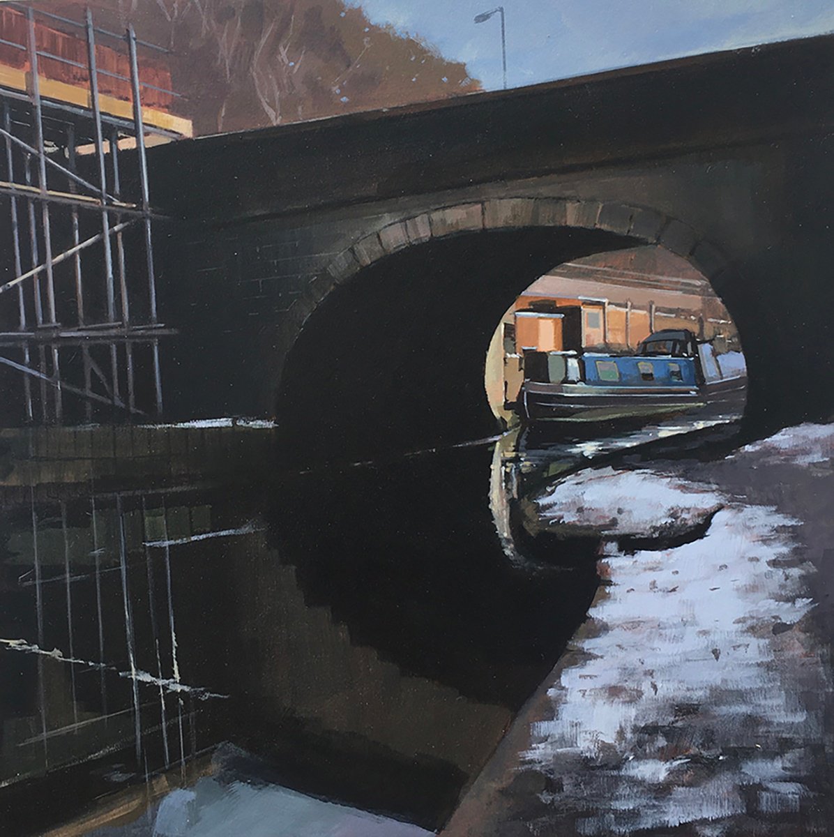 Impressionistic Cityscapes Acrylic Painting By Andrew Morris, 13 X 13, Bridge At Hebden, Original Artwork