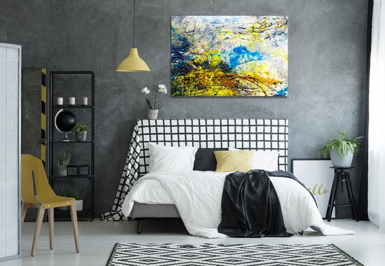 Extra large abstract wall art Expression modern oil painting Black Yellow Deep color Blue background Expression Contemporary art Studio Home