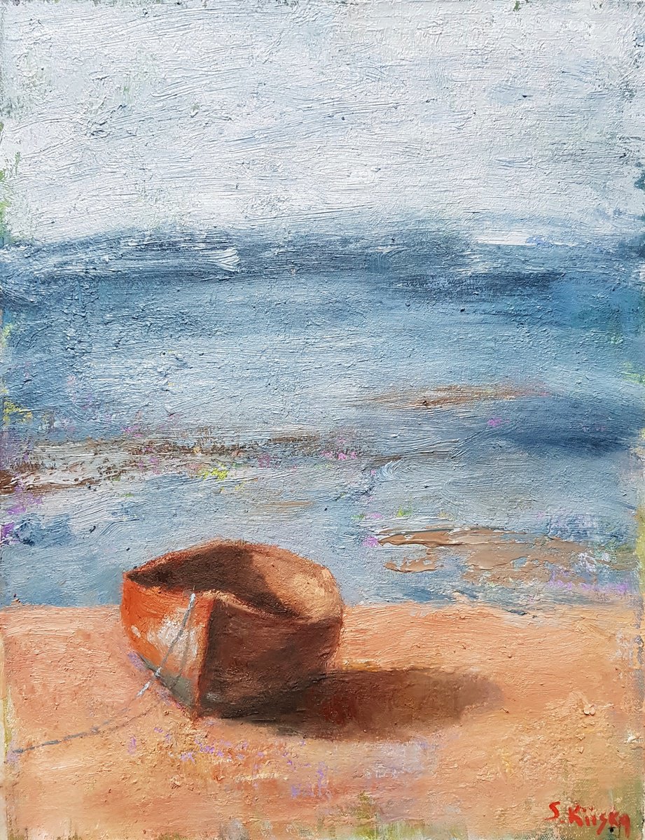 Expressive Landscape Oil Painting By Svetlana Grishkovec-Kiisky, 13 X 17", Boat And The Sea, Original Artwork