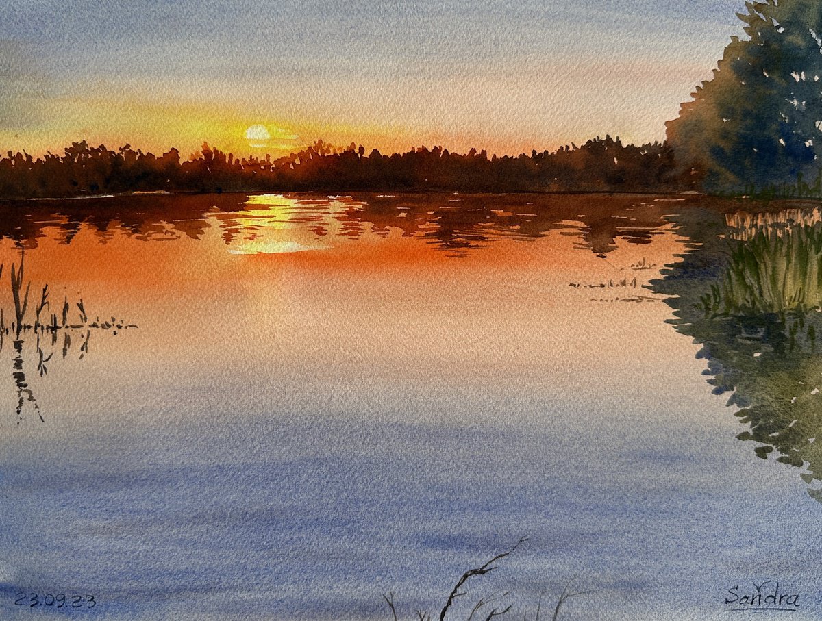 Photorealistic Watercolour , Sunset Over Lake Mowen By Oleksandra Padushyna, 15 X 11, Artwork For Sale On Artfinder