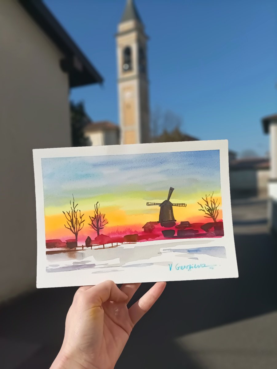 Impressionistic Landscape Watercolour By Vanya Georgieva, 12 X 8", Winter Mills, Original Artwork