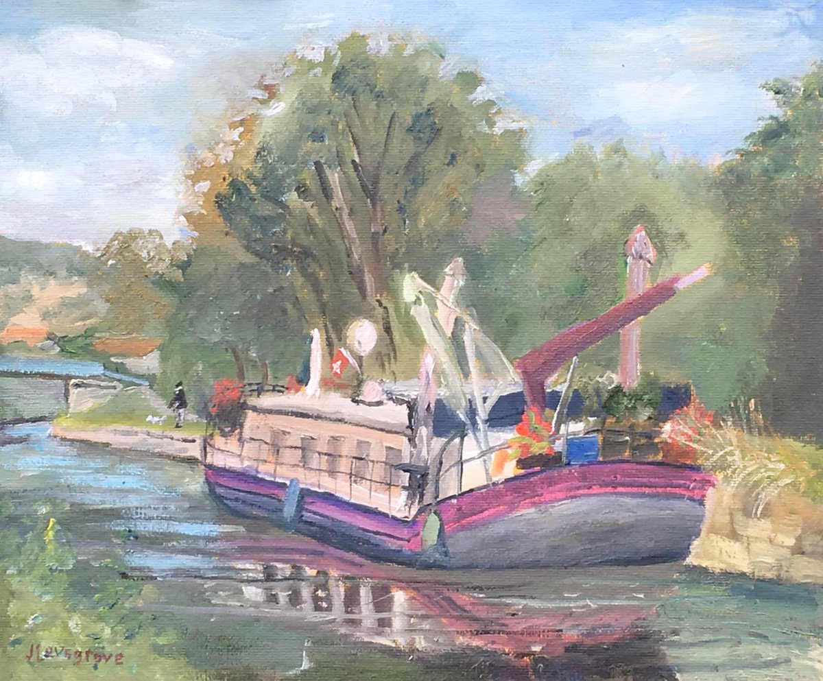 Houseboat at Chagny, France, an original oil painting by Julian Lovegrove Art