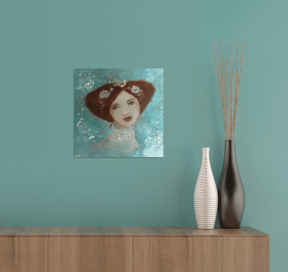 The soft stopover 30 x 30 cm Portrait of a romantic and dreamy woman on wood