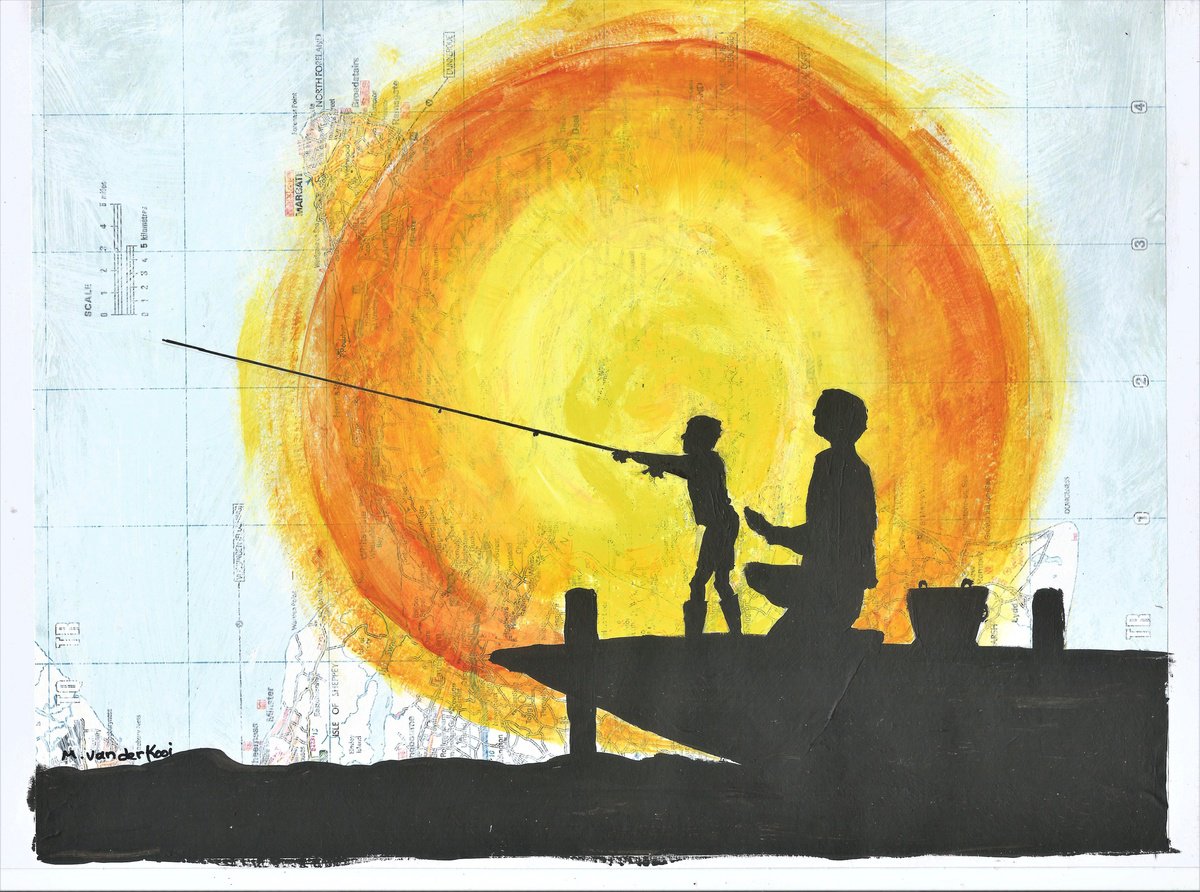 Expressive Portrait Collage By Marjansart, 12 X 8", Fishing With Dad, Original Artwork