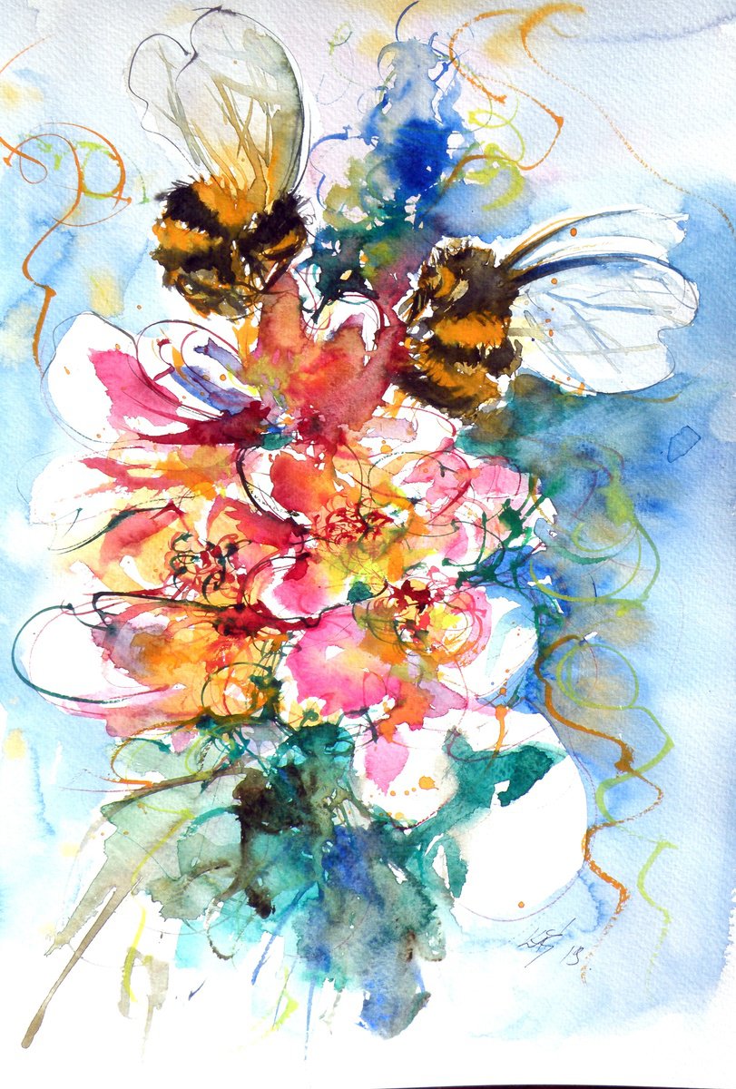 Impressionistic Animal Watercolour By Kovacs Anna Brigitta, 10 X 15", Bumblebees On Flower, Original Artwork