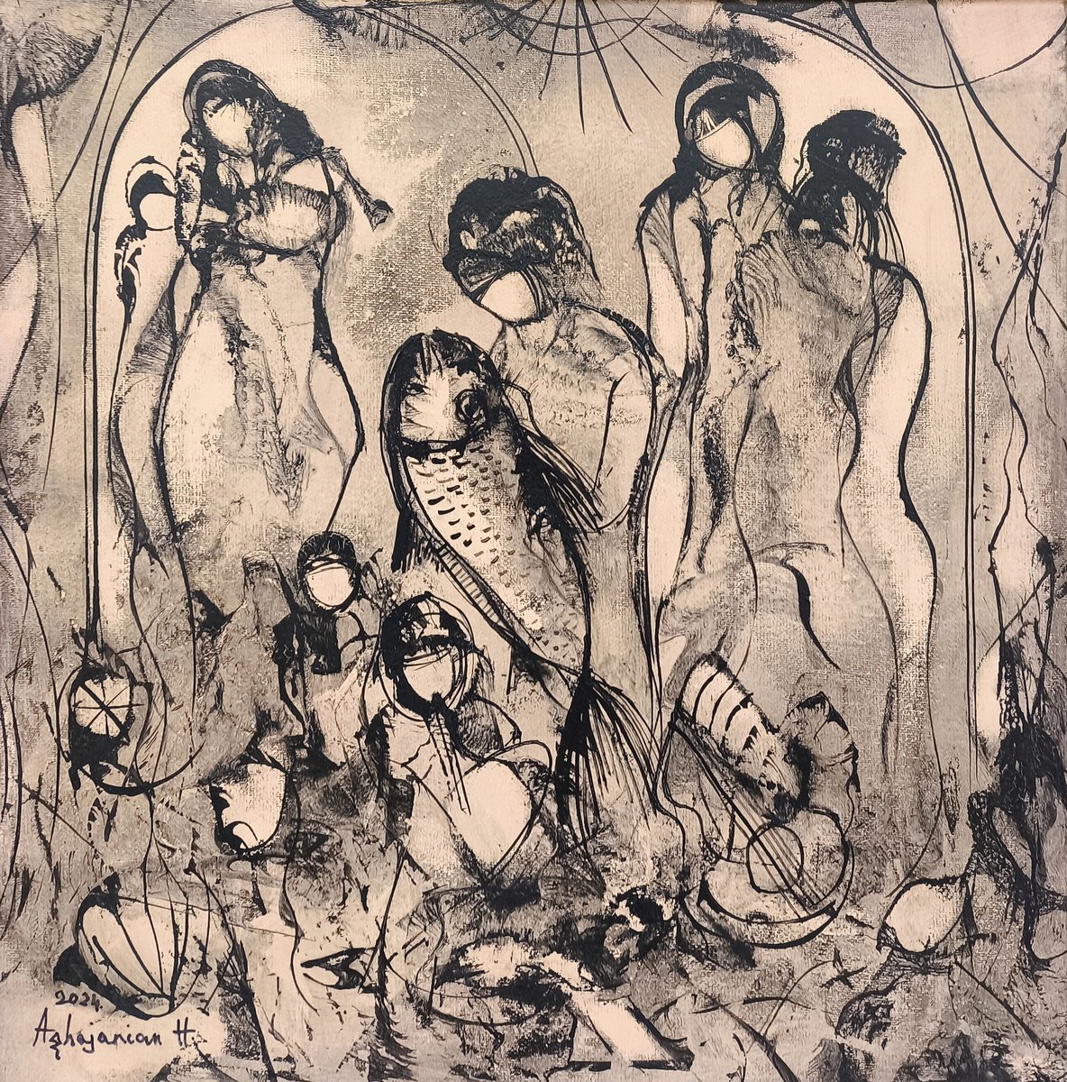 Abstract Portrait Oil Painting By Harutyun Aghajanyan, 16 X 16, Visions Of The Unseen, Original Artwork