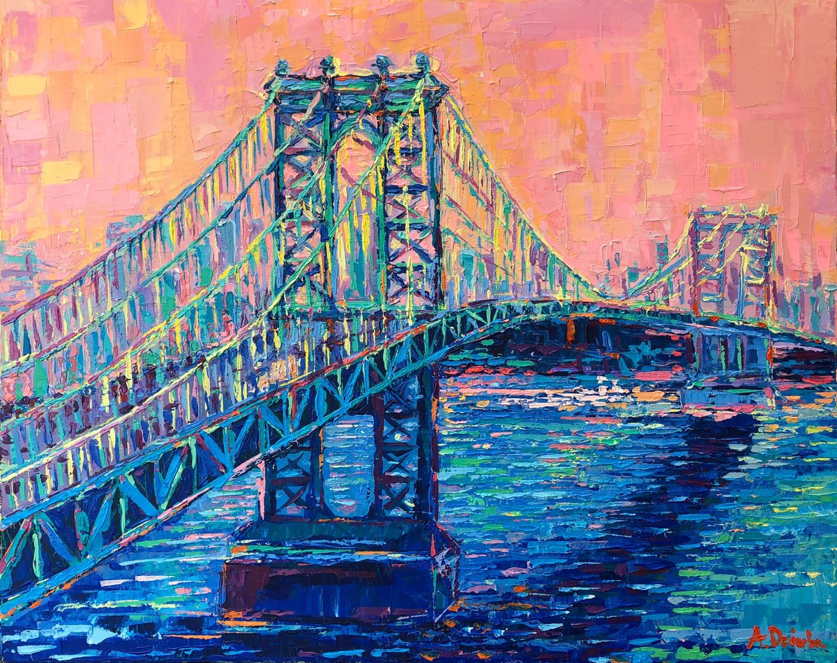 Impressionistic Cityscapes Acrylic Painting By Adriana Dziuba, 30 X 24, Manhattan Bridge At Sunset, Original Artwork