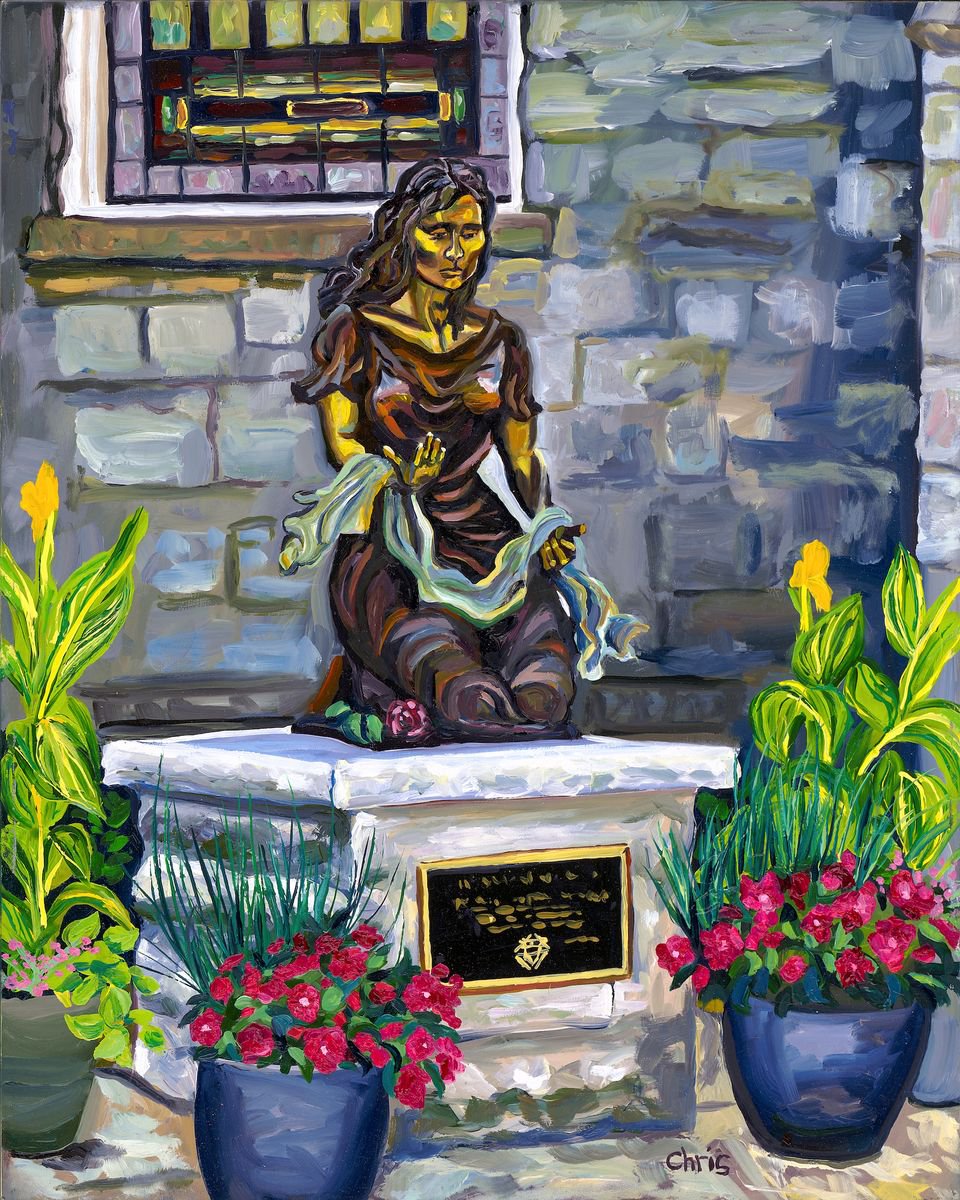 Illustrative Cityscapes Oil Painting By Christina M Plichta, 21 X 25, Statue At St. Francis, Original Artwork