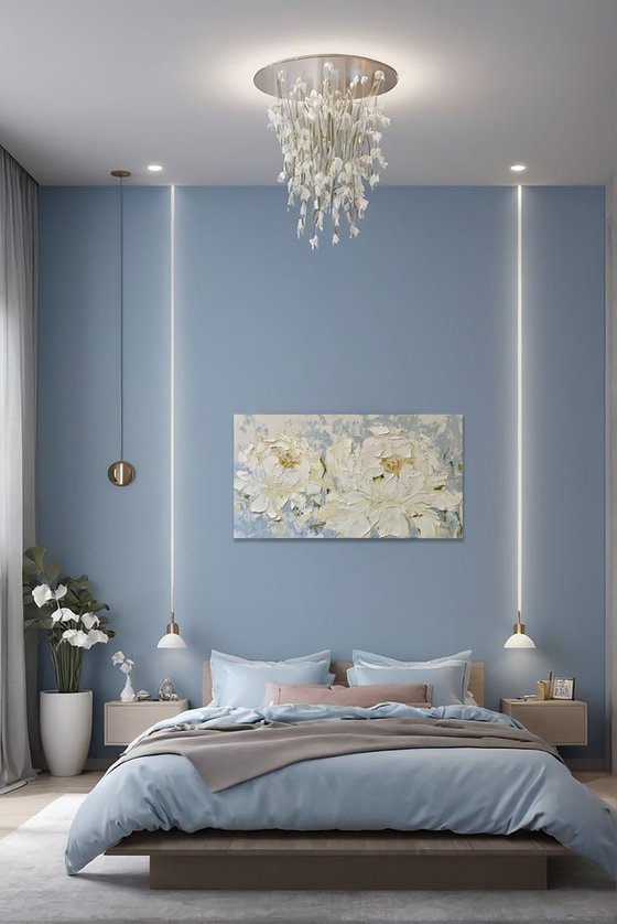 Two cream peonies on blue